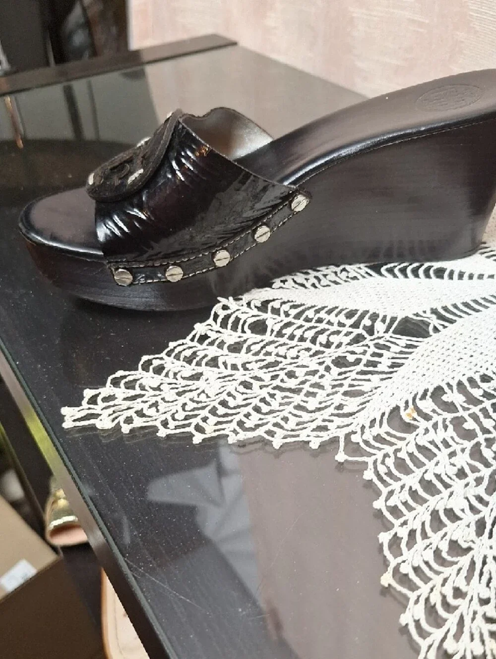 Tory Burch Black Patent Slide Mules with Logo Medallion